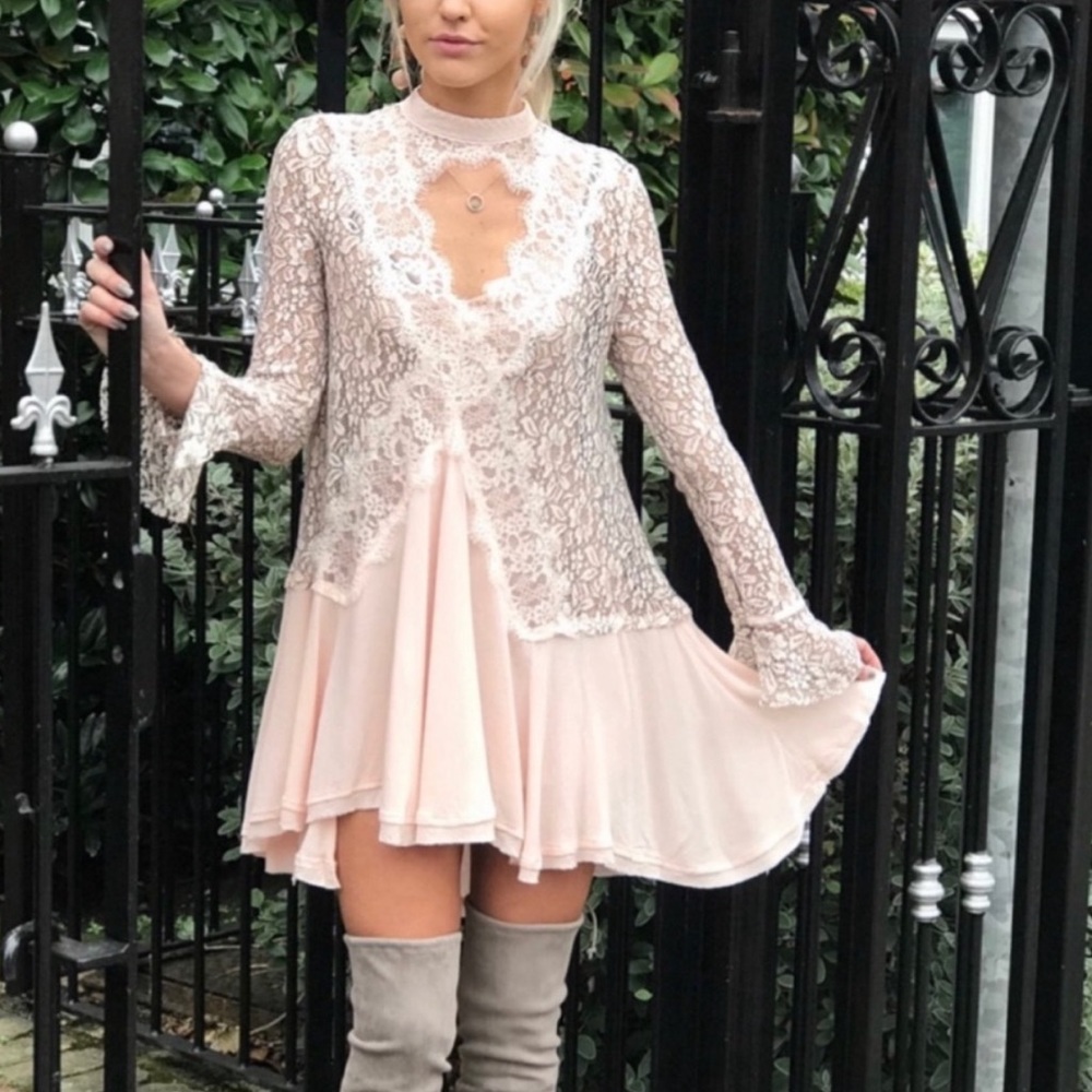 FREE PEOPLE Tell Tale Lace Tunic Dress PINK XS